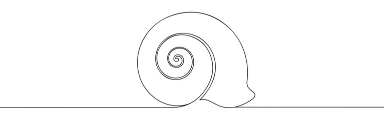 A continuous line art depiction of a snail shell, showcasing its distinctive spiral form found in nature, isolated on a white background.	