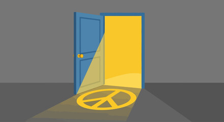 An open blue door casts a yellow light and a peace symbol shadow on a gray wall and floor.