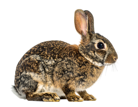 A close-up side profile of a brown and white rabbit on a transparent background, showcasing detailed fur and expressive eyes - Powered by Adobe
