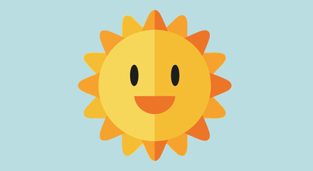 Fototapeta premium A cheerful cartoon sun with a smiling face and bright rays against a light blue sky background, depicting happiness and warmth.