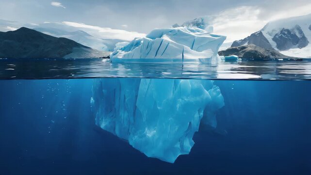 Majestic iceberg floating in the ocean, above and below water view, towering ice peak with massive hidden base underwater, crystal clear blue sea, arctic landscape with distant snowy mountains