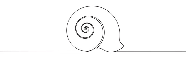 A continuous line art depiction of a snail shell, showcasing its distinctive spiral form found in nature, isolated on a white background.