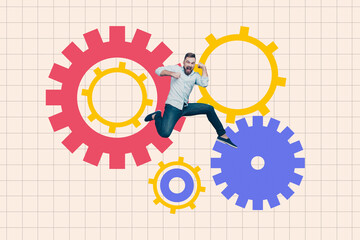 Full 3d art pop image collage of excited businessman jump gearwheel optimization settings progress statistics aim achievement