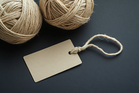 Craft essentials: natural twine balls paired with a simple blank tag, creating a rustic and minimalist scene. Perfect for adding a touch of handmade charm to any project.