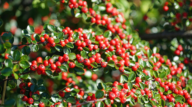 Macro image of Cotoneaster berries in early Autumn, Cheshire, England
