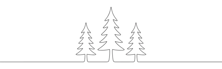 A continuous line art depiction of three pine trees of varying heights, representing a forest or natural woodland scene, isolated on a white background.