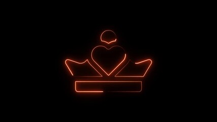 Glowing orange neon crown with heart symbol abstract animation on black background royal emblem love symbol luxury