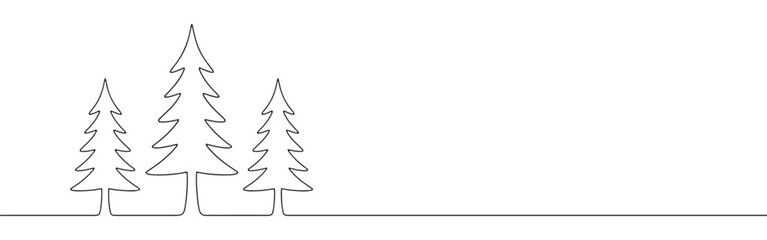 Obraz premium A continuous line art depiction of three pine trees of varying heights, representing a forest or natural woodland scene, isolated on a white background.