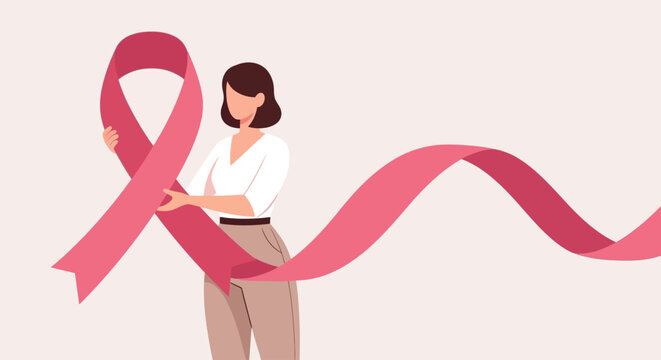 A woman holds a large pink ribbon, symbolizing breast cancer awareness and support. - Powered by Adobe