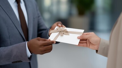 A company HR representative handing over a gift certificate to an employee, representing motivation, reward systems, and employee appreciation initiatives. cinematic color correction, gentle