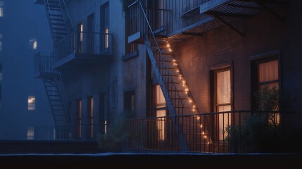 Obraz premium A nighttime exterior view of an illuminated fire escape ladder on a residential building, symbolizing safety design, accessibility, and emergency response infrastructure. cinematic color