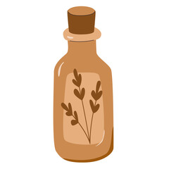 Brown glass bottle of essential oil with cork stopper and hand drawn floral label. Illustration for aromatherapy components, natural cosmetics, spa salon business cards.