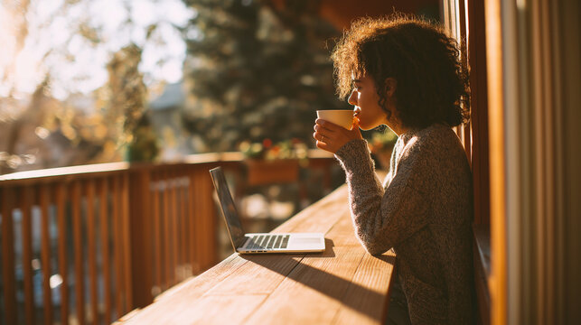 Woman on balcony sipping chai, laptop on table, candid side profile soft morning sunlight, shallow depth, wood grain table