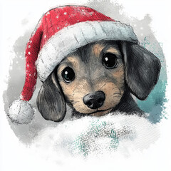 Cute Dachshund Dog Puppy in Christmas Santa Hat. Adorable Circle Ornament Illustration for Christmas Decoration.