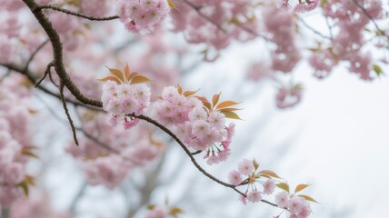 Naklejka premium Delicate pink cherry blossoms bloom on a tree branch in spring