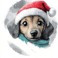 Cute Dachshund Dog Puppy in Christmas Santa Hat. Adorable Circle Ornament Illustration for Christmas Decoration.