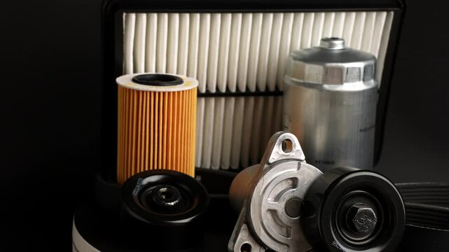 Close-up automotive components prepared for vehicle repair, slowly rotating against black background. Fuel, oil filters, tension roller, poly V-belt are on turntable. Auto parts replacement concept