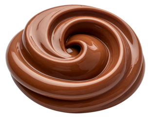 A close-up shot of a swirl of rich, glossy, melted confectionery, featuring a continuous spiral shape. The surface reflects light