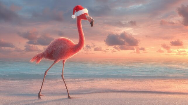 santahatwearing flamingo enjoying sunset on tropical beach