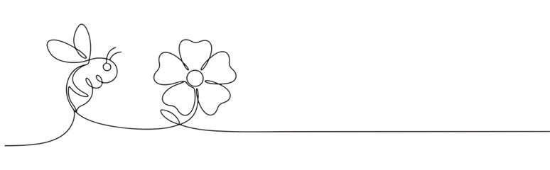 A continuous line art depiction of a busy bee flying towards a blooming flower, illustrating the natural process of pollination and ecosystem, isolated on a white background.	