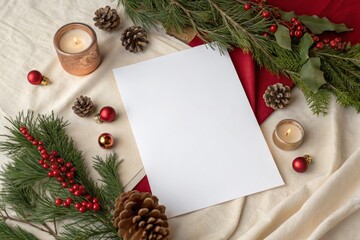 Blank white paper card Mockup surrounded by festive Christmas decorations including pine branches, candles, pinecones, and red berries on neutral beige background. 