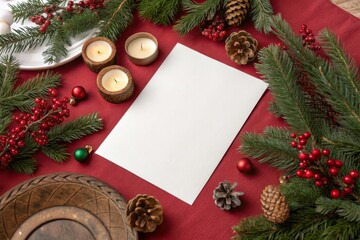 Mockup White paper card centered on deep red background with festive Christmas elements: evergreen branches, candles, pinecones, baubles, and red berries. Ideal for holiday stationery, greeting cards