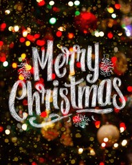 Merry Christmas Hand Lettering Chalk Style Text Overlay on Festive Bokeh Background of Colorful Christmas Tree Lights Dynamic Holiday Greeting Card