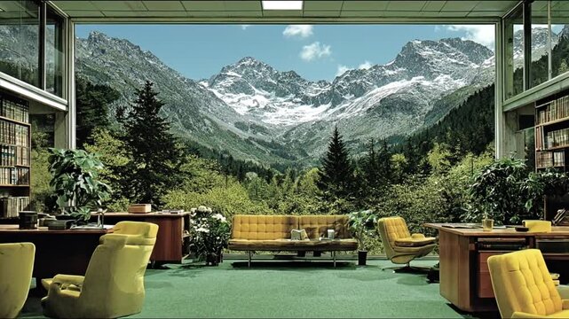 A well appointed interior office with a retro design overlooking majestic mountains