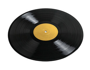 Obraz premium A close-up studio shot of a vinyl record. It has a black surface with circular grooves and a gold center label. It sits on a black background