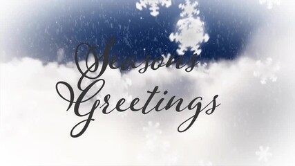 Animating snowflake drifting over fading Seasons Greetings, moon rising, creating festive ambiance - Powered by Adobe