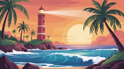 Tropical lighthouse guiding ships through sunset ocean waves