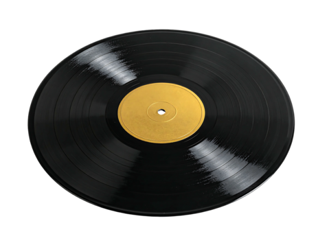 A close-up studio shot of a vinyl record. It has a black surface with circular grooves and a gold center label. It sits on a black background