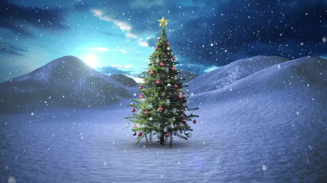 Decorated pine tree emitting golden fireworks after one second delay creating snowy holiday scene