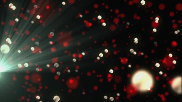 Drifting red and cream orbs filling void, bright point rising, firing sweeping beams, then dimming