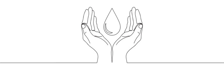 A continuous line art depiction of two hands tenderly cupping a large water droplet, representing water conservation, purity, and environmental care, isolated on a white background.	