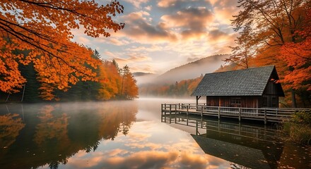 Fototapeta premium Serene Autumn Lake with Wooden Boathouse and Fiery Orange Foliage Reflected in Misty Water fall