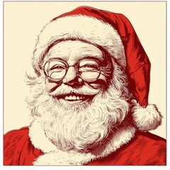 Happy Santa Claus vintage vector with falling snowflakes on red background. Retro festive illustration featuring warm smile and traditional holiday aesthetic. Ideal for Christmas marketing, seasonal 