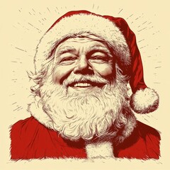 Vintage-style vector portrait of Santa Claus with traditional red suit, white beard, and warm smile. Retro line art illustration perfect for holiday greeting cards, festive marketing, Christmas
