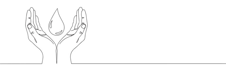 Obraz premium A continuous line art depiction of two hands tenderly cupping a large water droplet, representing water conservation, purity, and environmental care, isolated on a white background.