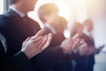 Concept, meeting, team applauds for success and presentation in the conference room, support, teamwork, many people join together to applaud and agree to the business meeting.