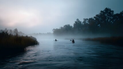 Obraz premium Two kayakers paddle through a misty river at dawn