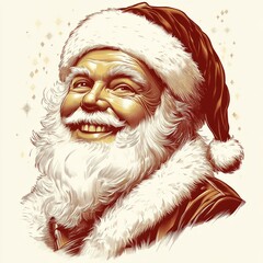 Vintage-style vector portrait of Santa Claus with traditional red suit, white beard, and warm smile. Retro line art illustration perfect for holiday greeting cards, festive marketing, Christmas