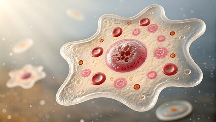 3D illustration of an amoeba with red blood cells and internal structures protozoa microorganism