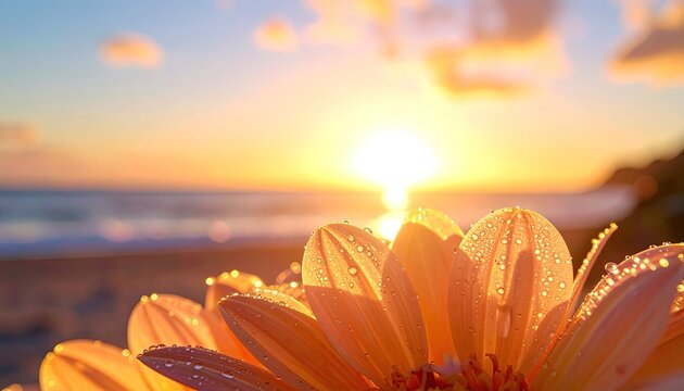 Close Up Macro Of A Wet Orange Daisy Flower With Dew Drops In The Morning Sunlight At The Beach With Ocean Waves And Golden Sunrise Sky