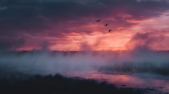 Misty wetlands bathed in the colorful glow of a sunset with birds silhouetted against the sky