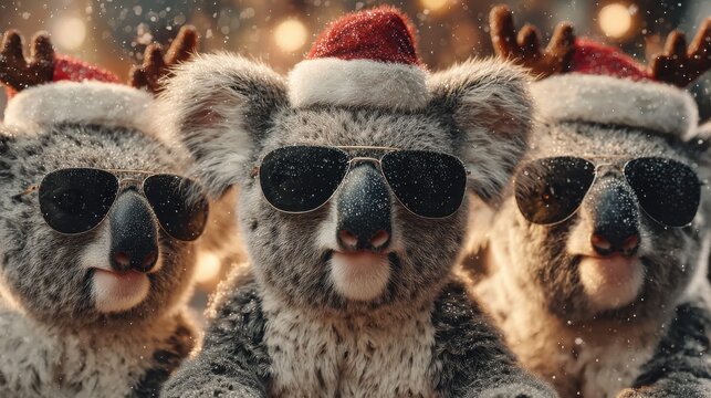 cool koalas celebrating christmas with sunglasses santa hats and antlers holiday cheer