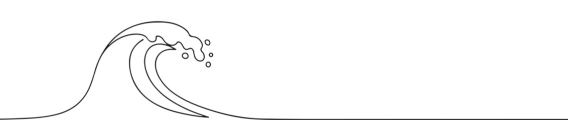 A continuous line art depiction of a powerful wave cresting, evoking the dynamics of the ocean and marine environments, isolated on a white background.