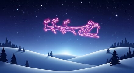 Neon Pink Santa Claus Sleigh and Reindeer Silhouette Over a Snowy Winter Landscape Christmas holiday