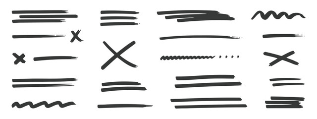 Collection of Hand Drawn Brush Stroke Lines and Marks on White Background Keywords: brush stroke, hand drawn, lines, marks, x mark, check mark