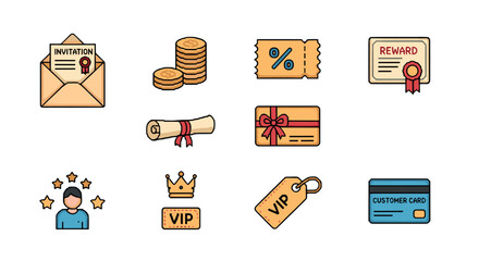 Gift and loyalty icons with rewards, discounts, and invitations in colorful flat style